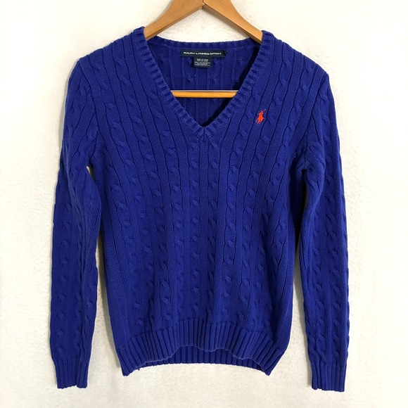 Ralph Lauren Sweaters - Ralph Lauren Sport Cable Knit Sweater Women Size S Logo V Neck Preppy Academia